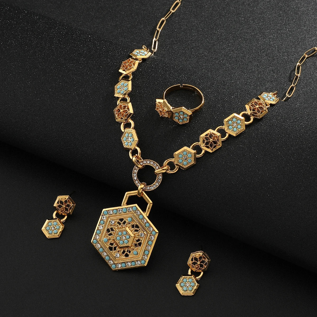 Vintage diamond Turquoise Jewelry Set  For Women Gold Pendant Necklace Earrings Ring Trendy Aesthetic Jewelry Accessories
